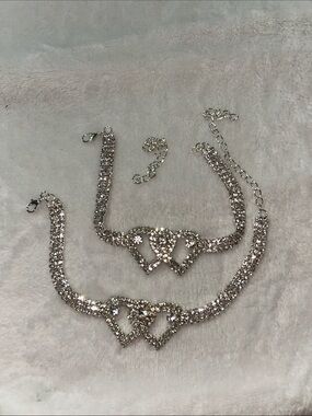Rhinestone Double Heart Silver Choker Necklace - Women Jewelry